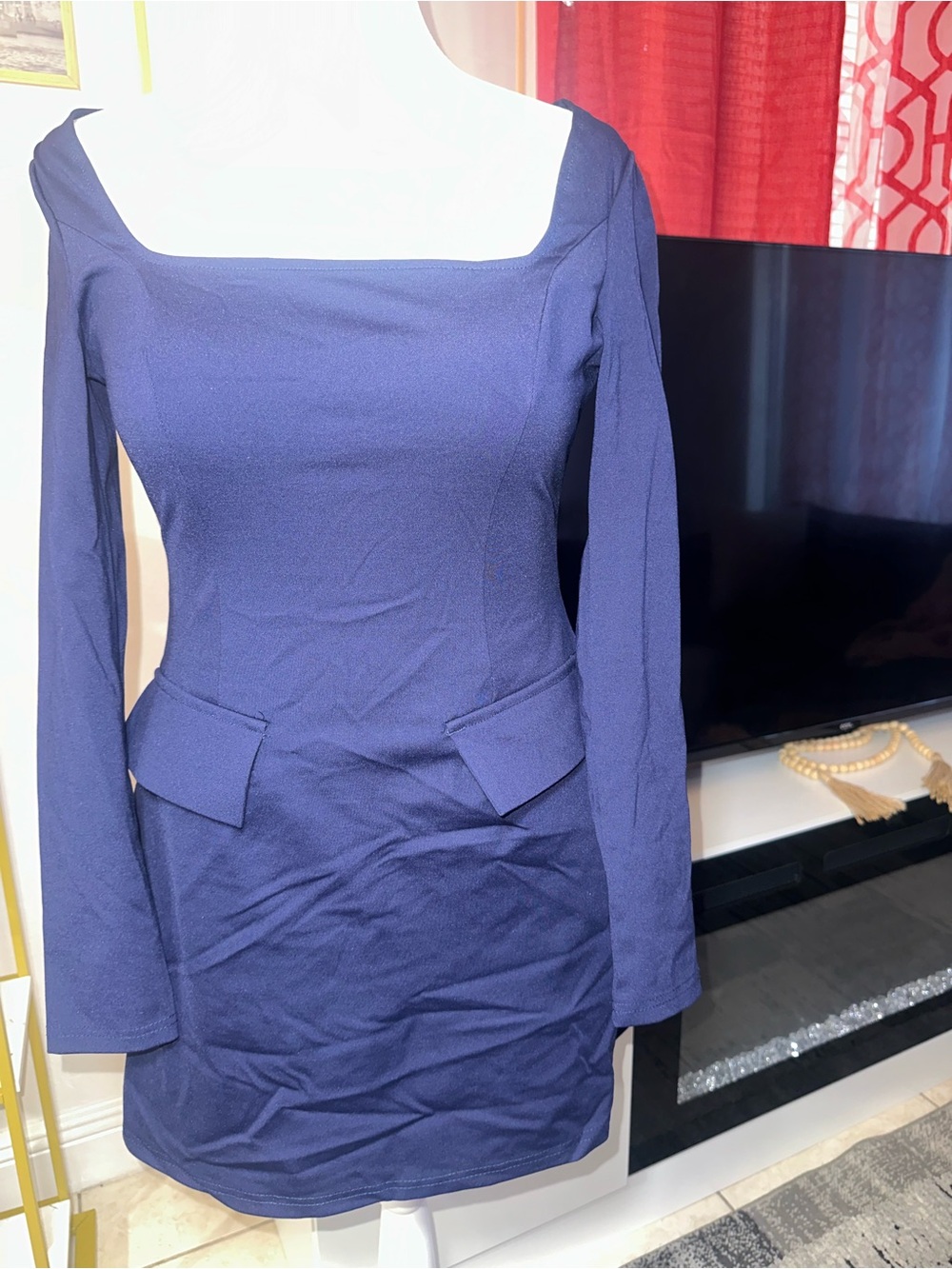 Classic Navy Square-Neck Long Sleeve Dress
